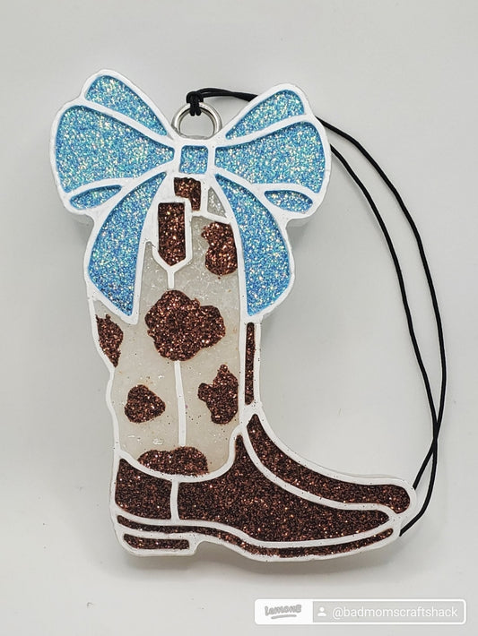 Brown Cow Print Boot with Light Blue Bow